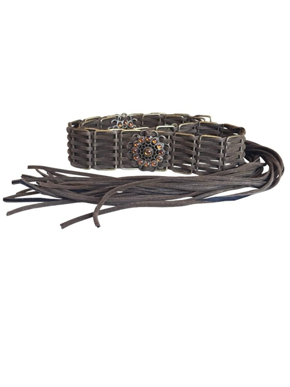 Chocolate Brown Braided Woven Faux Leather Ornate Concho Rhinestone Fringe Belt